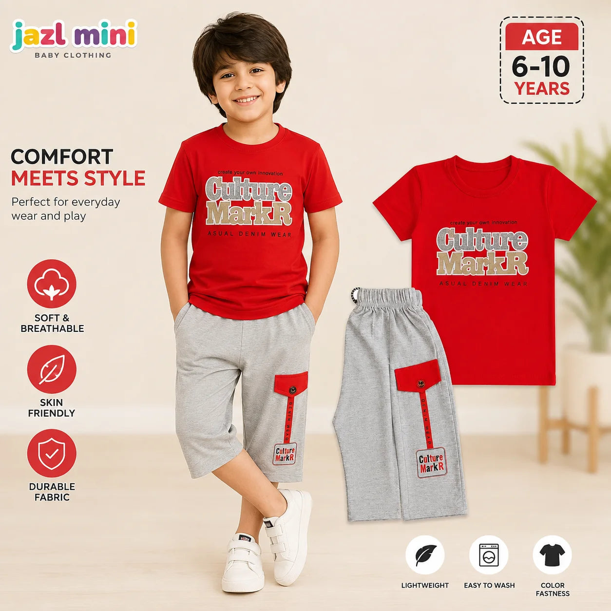Jazl Mini Culture MarkR Co-Ord Set - Red T-Shirt & Gray Capri Pants for Kids (6-10 Years) | Soft Breathable Cotton