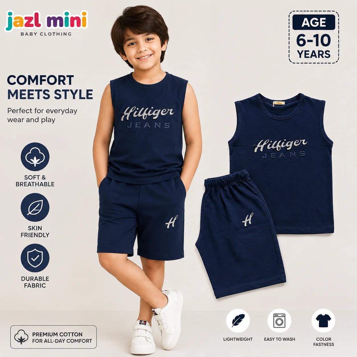 Jazl Mini Hilfiger Jeans Co-Ord Set - Navy Blue Sleeveless Tank Top & Shorts for Kids (6-10 Years) | Premium Cotton