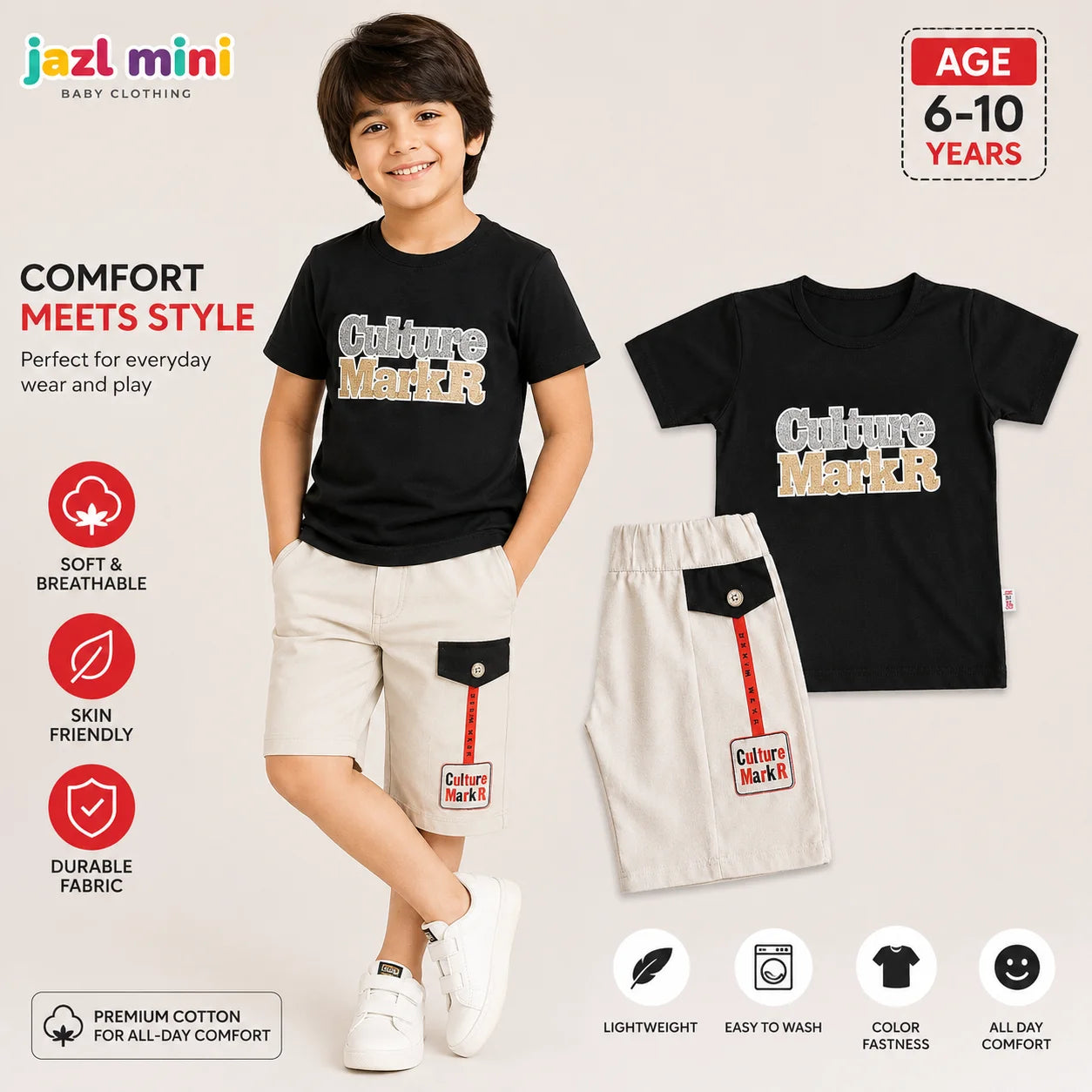 Jazl Mini Culture MarkR Co-Ord Set - Black T-Shirt & Cream Shorts for Kids (6-10 Years) | Premium Cotton Casual Wear