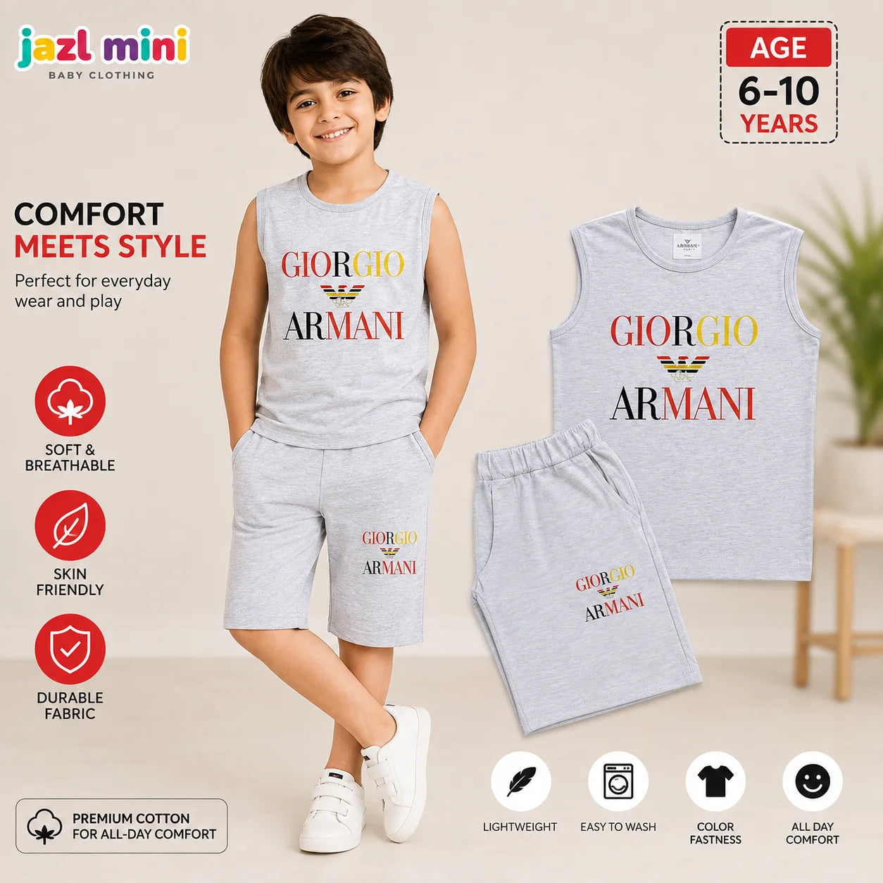 Jazl Mini Giorgio Armani Inspired Co-Ord Set - Light Gray Sleeveless Tank Top & Shorts for Kids (6-10 Years) | Premium Cotton