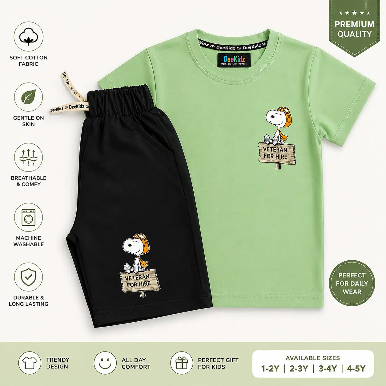 DeeKidz Co-Ord Set - Mint Green T-Shirt & Black Shorts for Toddlers (1-5 Years) | Premium Soft Cotton