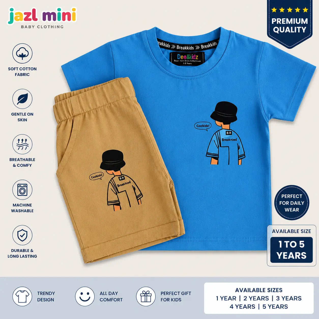 Jazl Mini Coolkidz Co-Ord Set - Bright Blue T-Shirt & Tan Shorts for Toddlers (1-5 Years) | Premium Soft Cotton