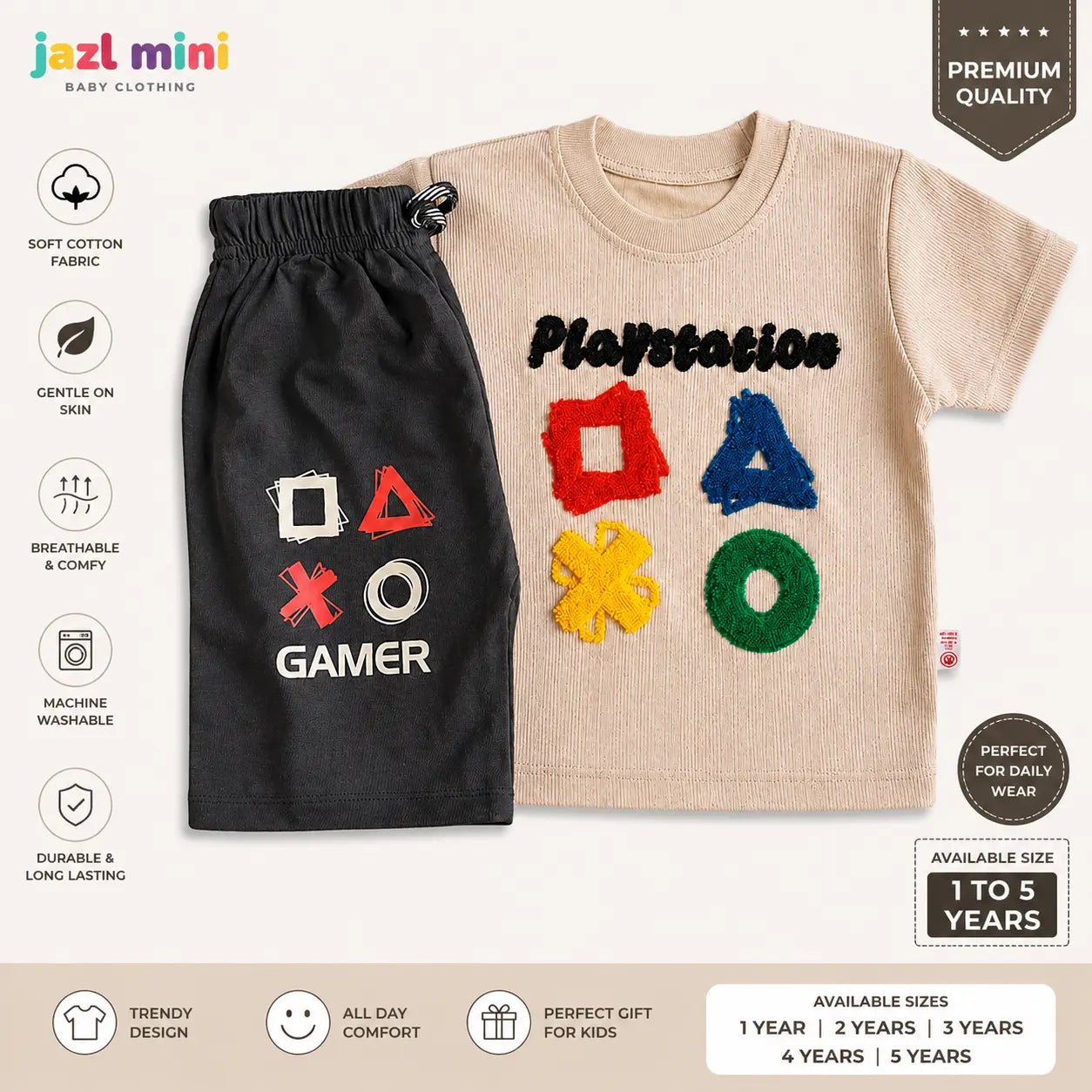 Jazl Mini PlayStation Gamer Co-Ord Set - Beige T-Shirt & Black Shorts for Kids (1-5 Years) | Soft Cotton