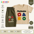 Jazl Mini PlayStation Gamer Co-Ord Set - Beige T-Shirt & Olive Green Shorts for Kids (1-5 Years) | Soft Cotton