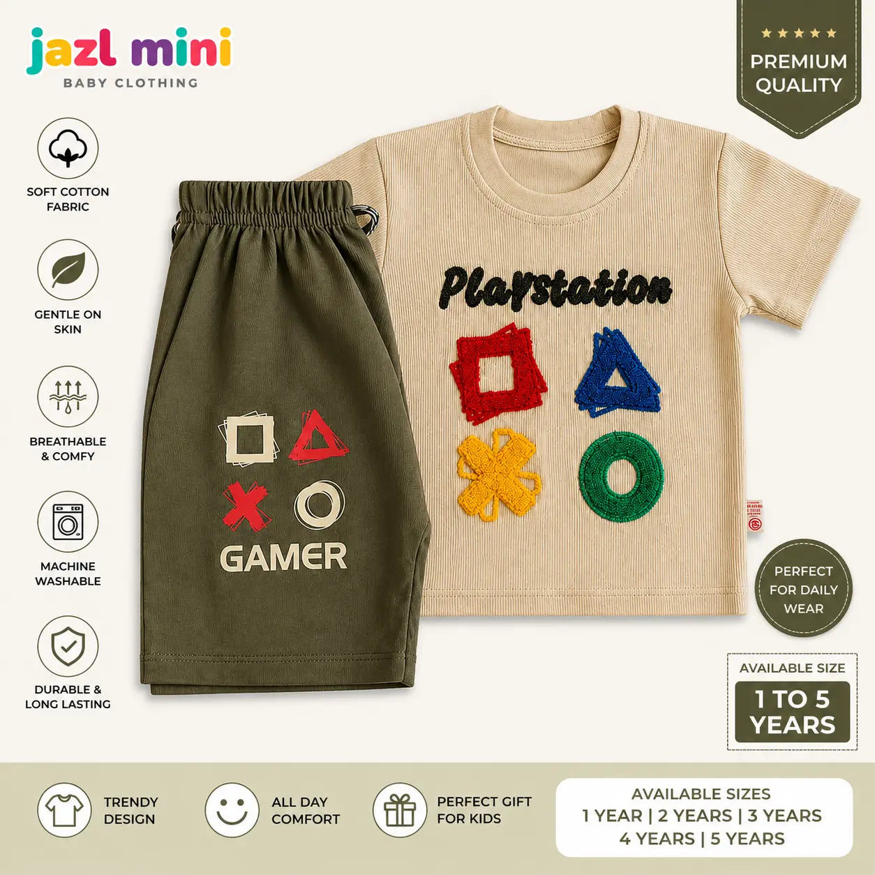 Jazl Mini PlayStation Gamer Co-Ord Set - Beige T-Shirt & Olive Green Shorts for Kids (1-5 Years) | Soft Cotton