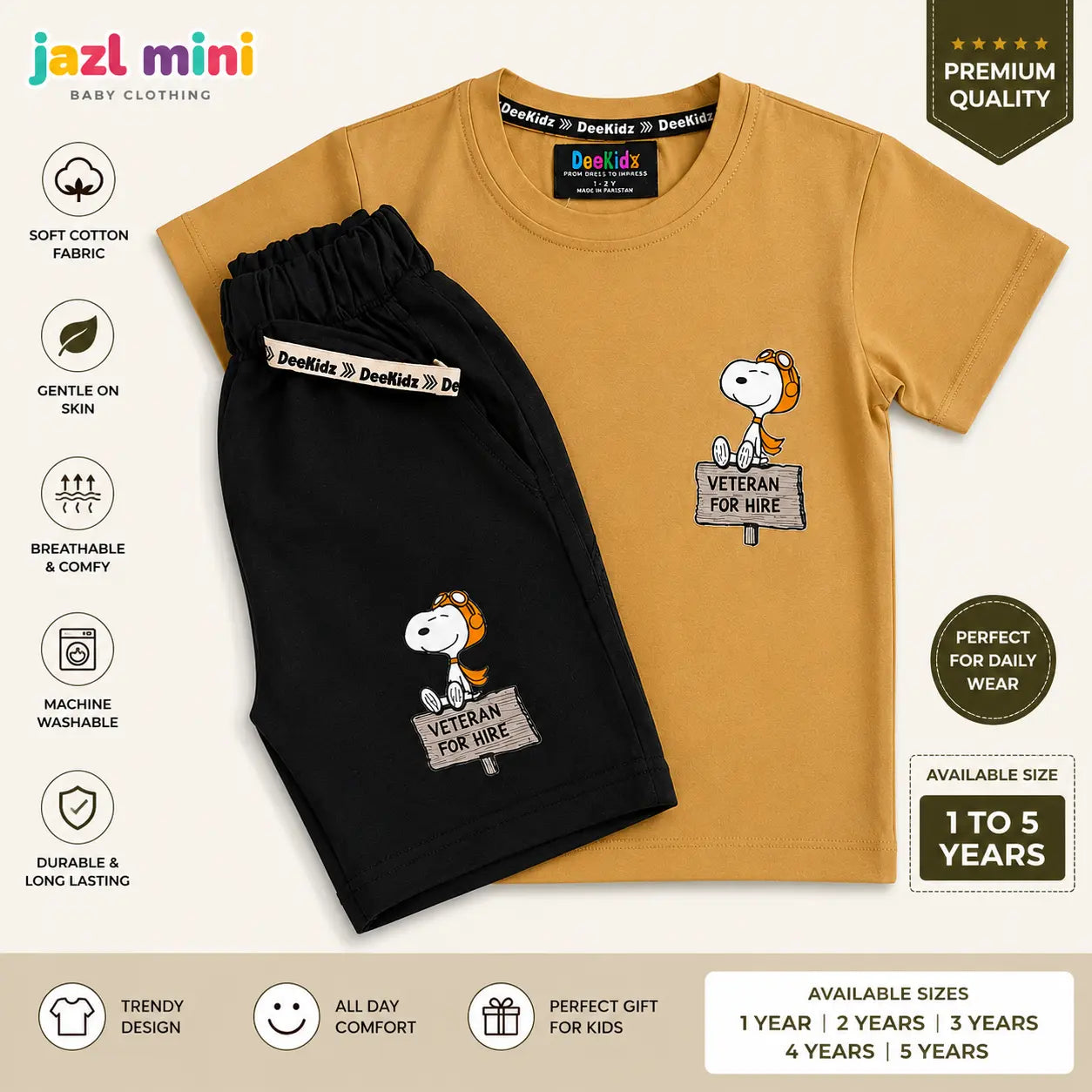 DeeKidz Cartoon Character Co-Ord Set - Mustard Yellow T-Shirt & Black Shorts for Toddlers (1-5 Years) | Premium Soft Cotton