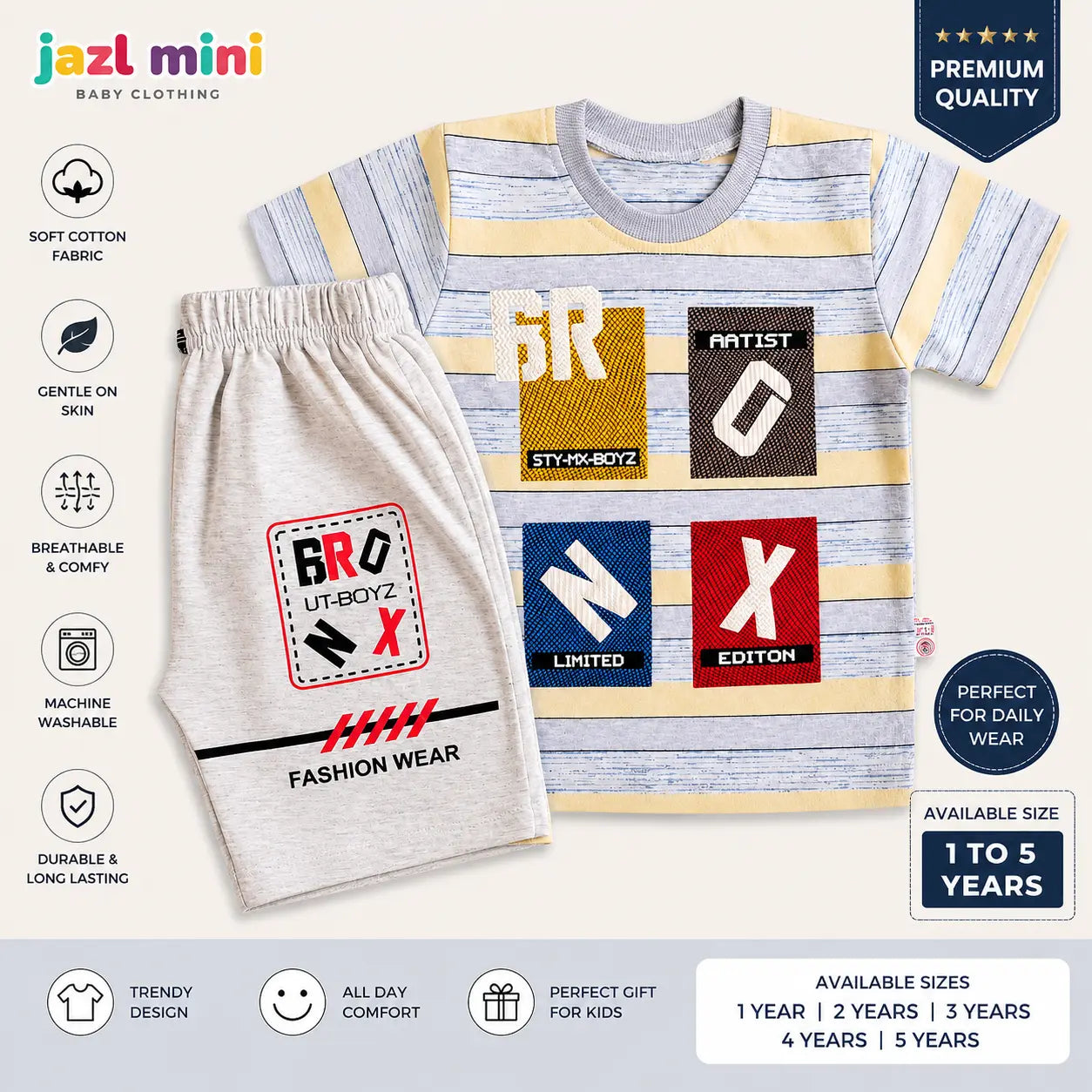 Jazl Mini Urban Streetwear Co-Ord Set - Blue & Yellow Striped T-Shirt & Cream Shorts (1-5 Years) | Premium Soft Cotton