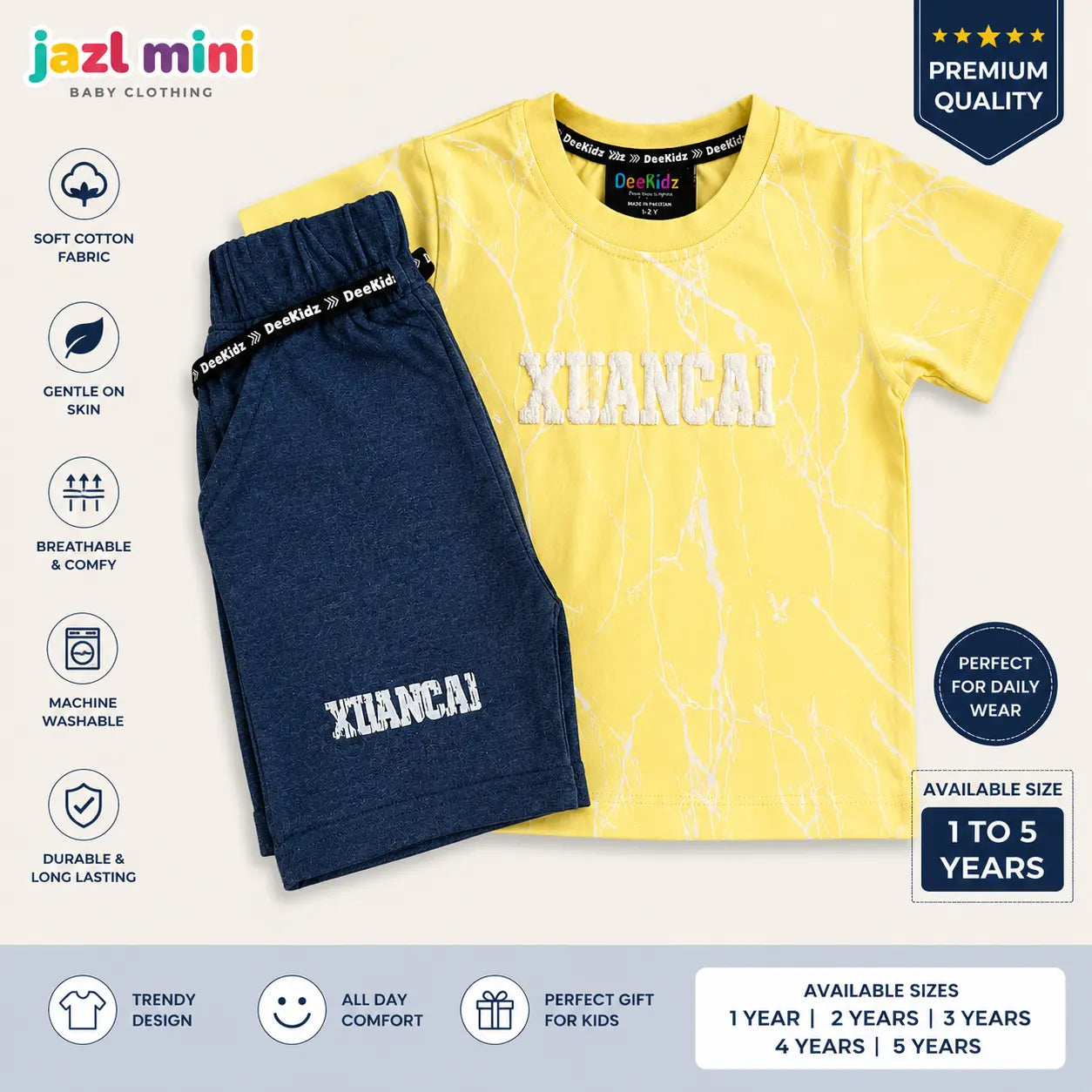 DeeKidz Lightning Co-Ord Set - Bright Yellow T-Shirt & Navy Denim Shorts for Toddlers (1-5 Years) | Premium Soft Cotton