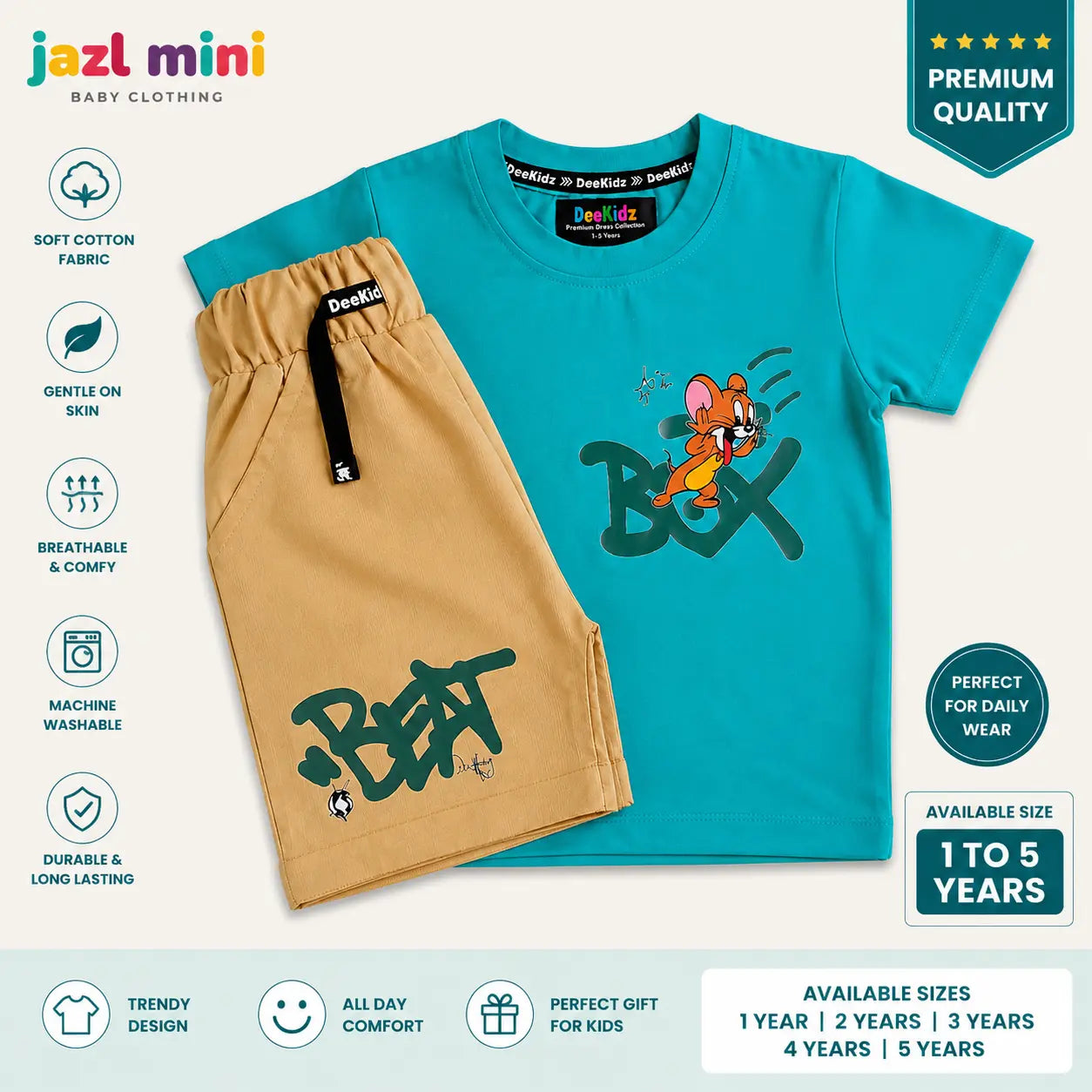 Jazl Mini Cartoon Character Co-Ord Set - Teal T-Shirt & Tan Shorts for Toddlers (1-5 Years) | Premium Soft Cotton