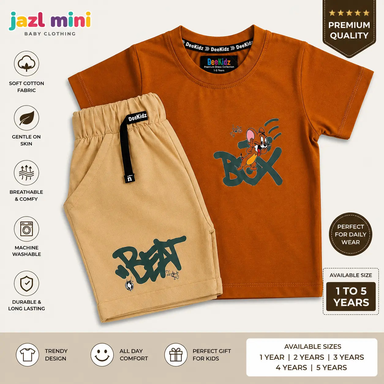 Jazl Mini Character Co-Ord Set - Rust Orange T-Shirt & Beige Shorts for Toddlers (1-5 Years) | Premium Soft Cotton