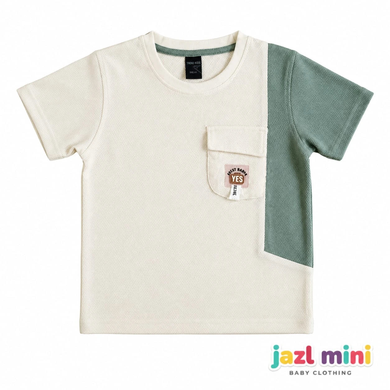 Cream & Sage Two-Tone Waffle Knit T-Shirt | Kids 6-10 Years | Jazl Mini