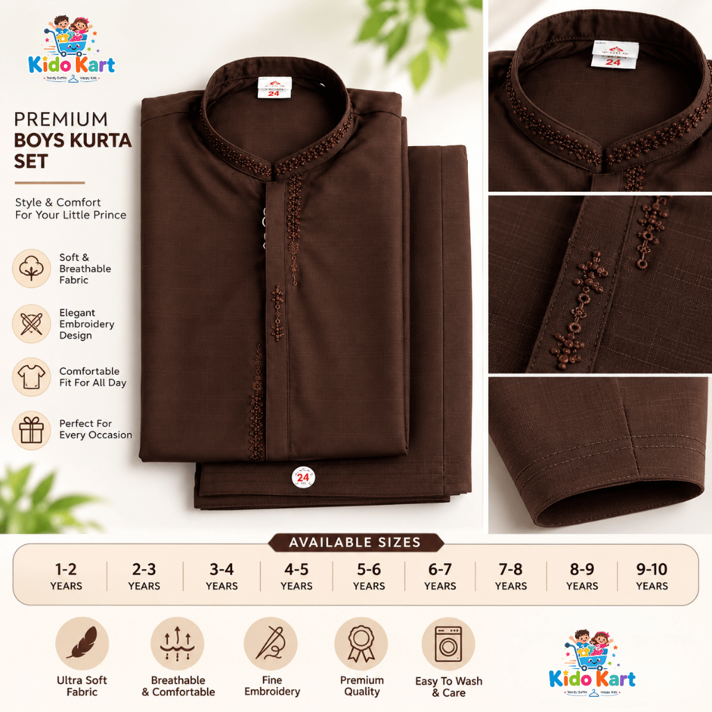 Premium Brown Kurta Set for Boys | Elegant Beaded Embroidered Traditional Wear (1-10 Years)