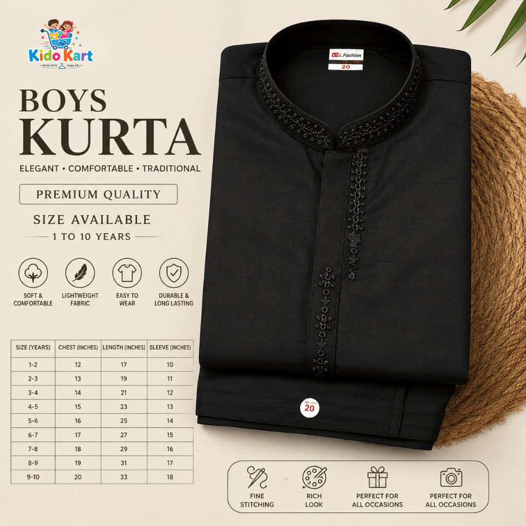 Premium Black Boys Kurta | Elegant Embroidered Traditional Wear (1-10 Years)