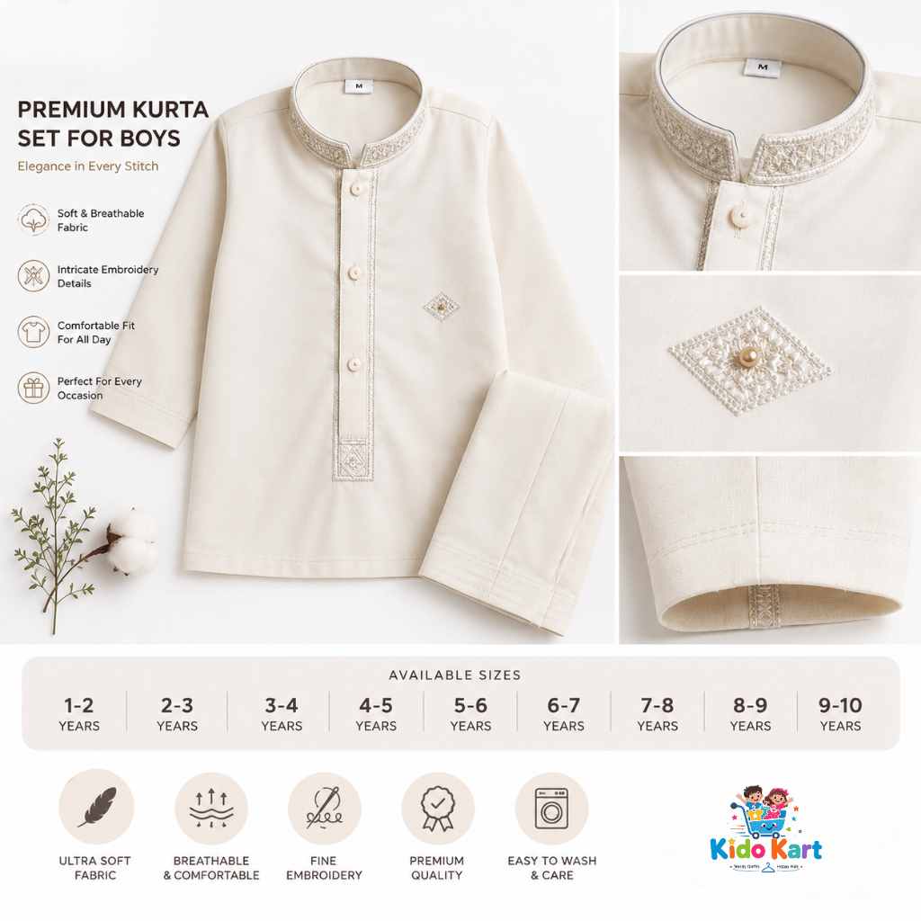 Premium Cream Kurta Set for Boys | Soft Embroidered Traditional Wear (1-10 Years)