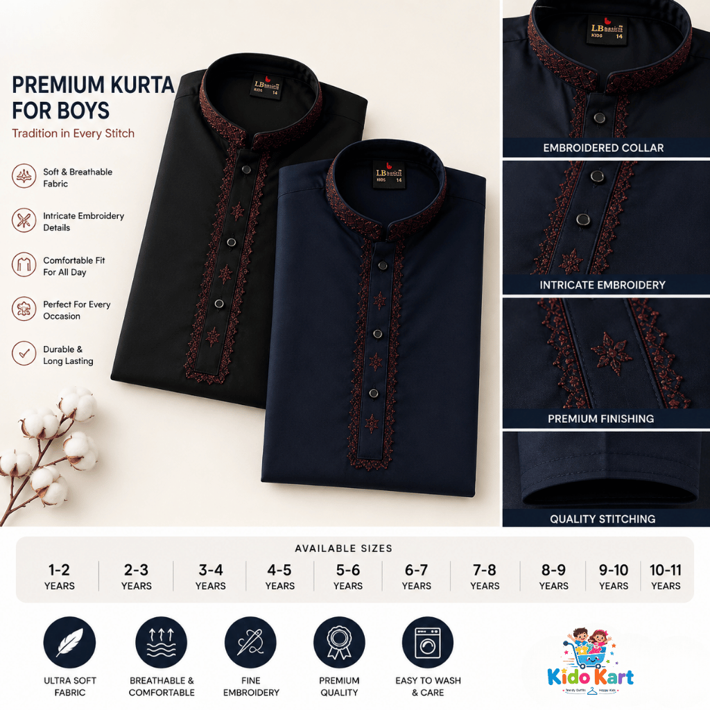 Premium Black & Navy Blue Kurta Set for Boys | Embroidered Formal Traditional Wear (1-11 Years)